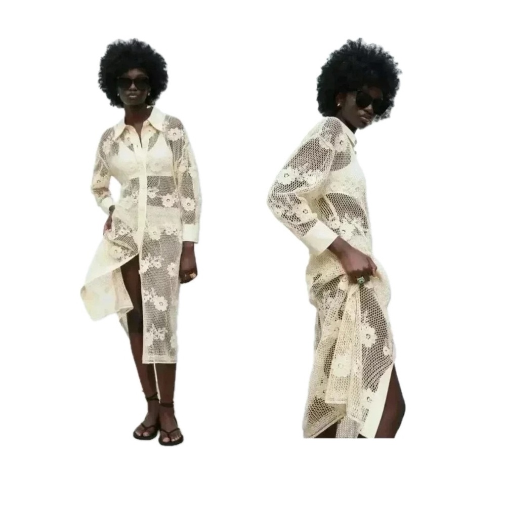 Zara Sheer Crochet Lace Netted Floral Cover-Up Dress